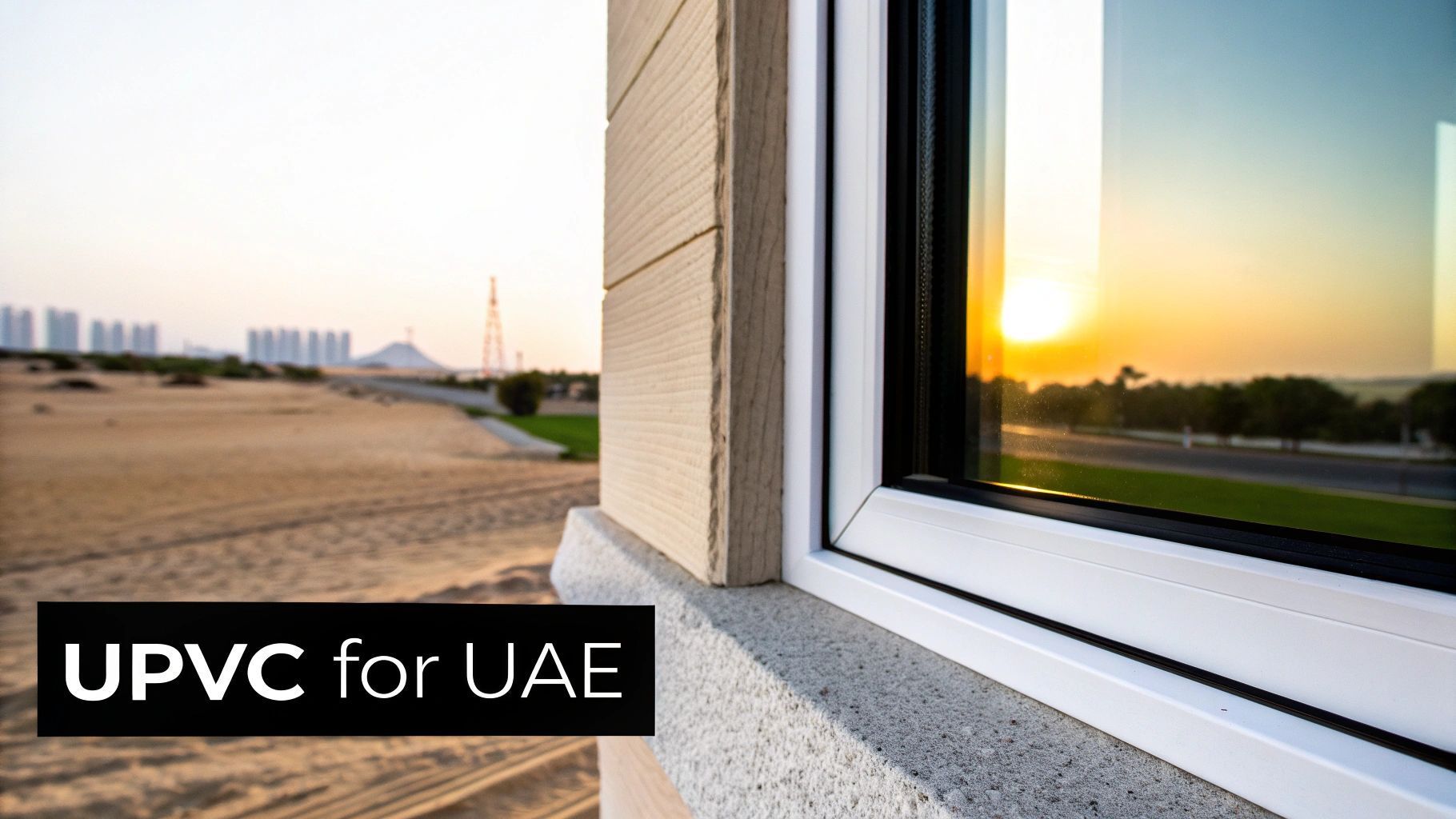 UPVC window frame against desert landscape at sunset. Text: UPVC for UAE.