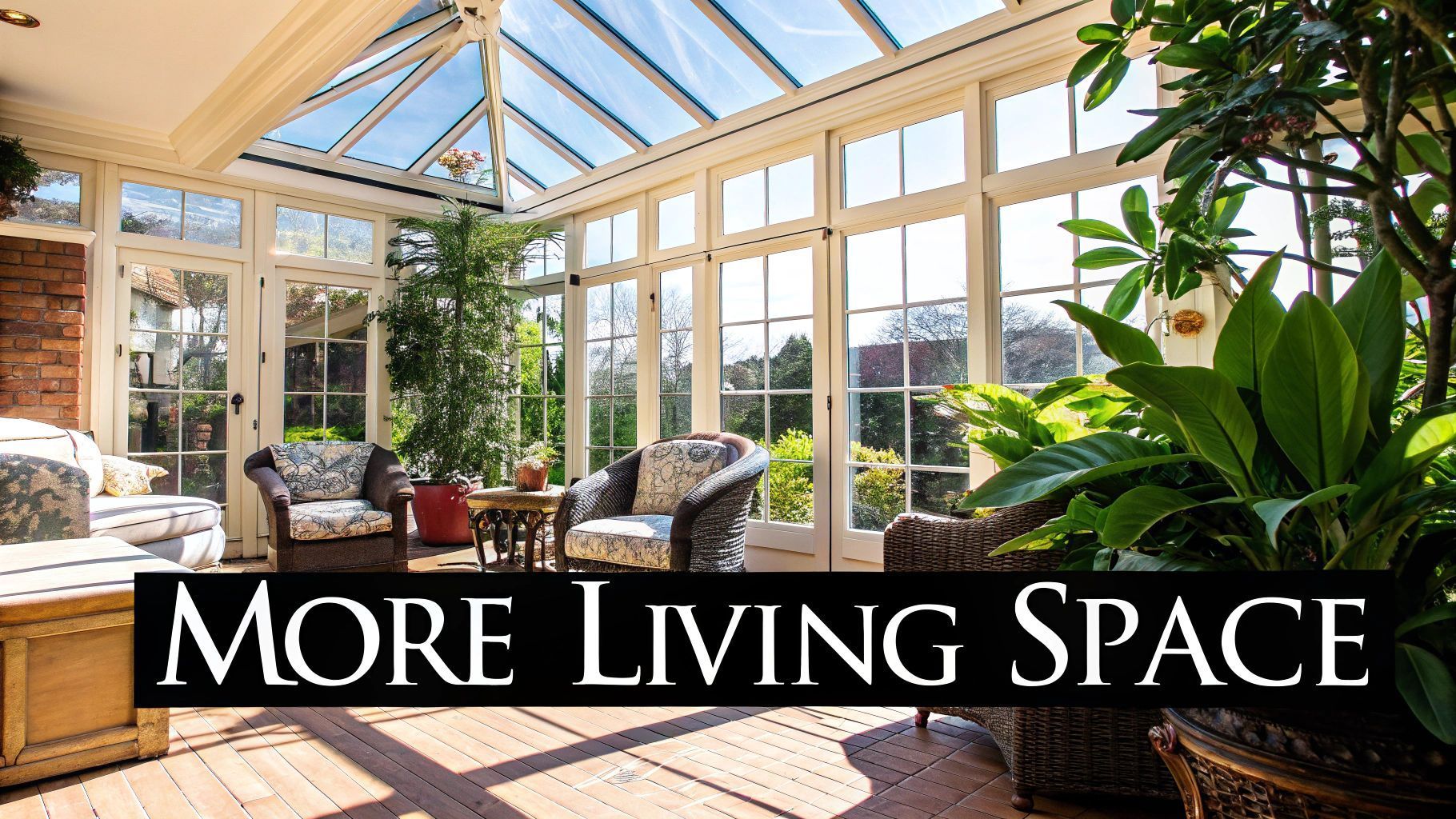 Sunroom with furniture, plants, and glass roof, promoting 