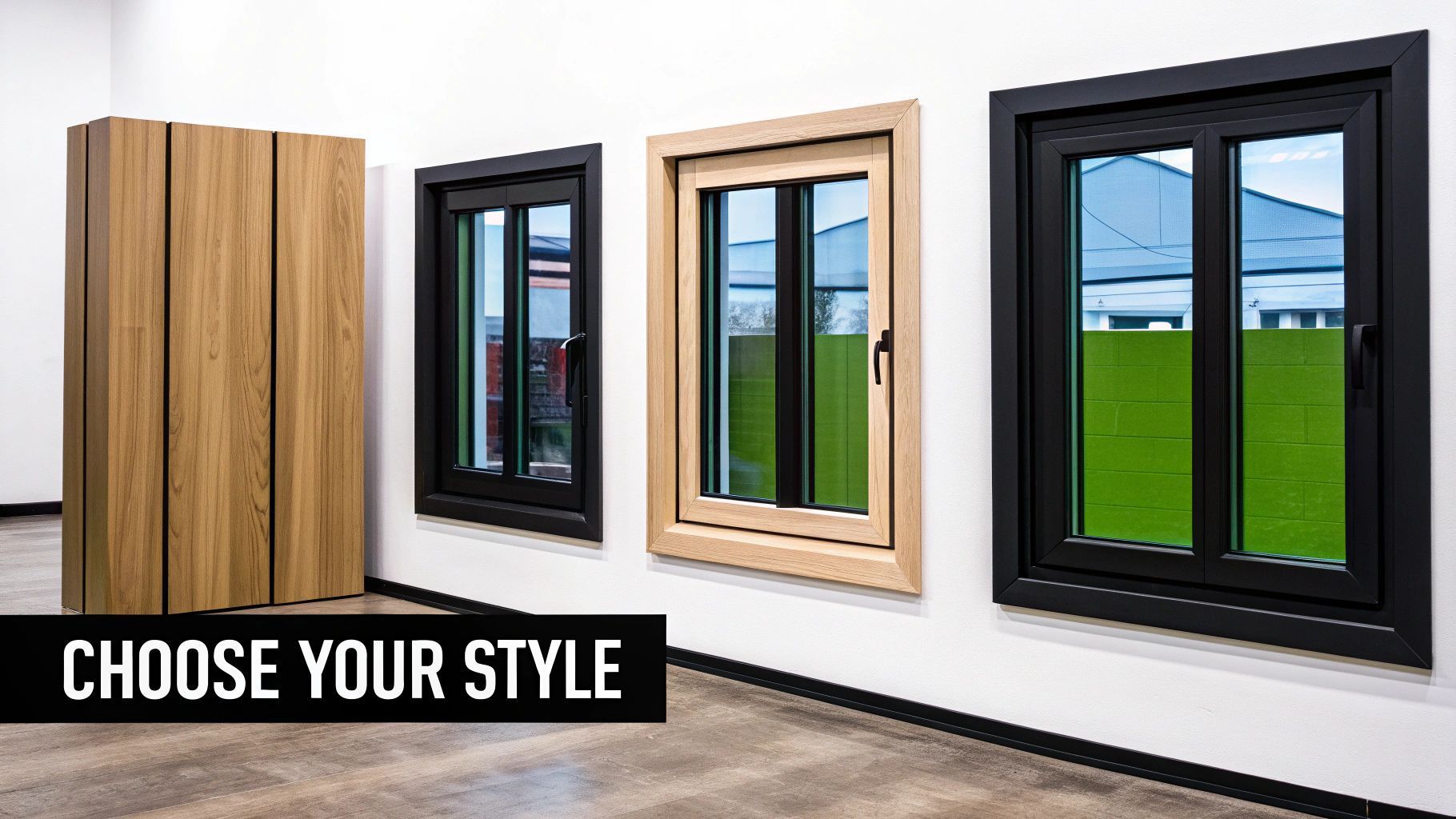 Three windows with different frames against a white wall; text reads,