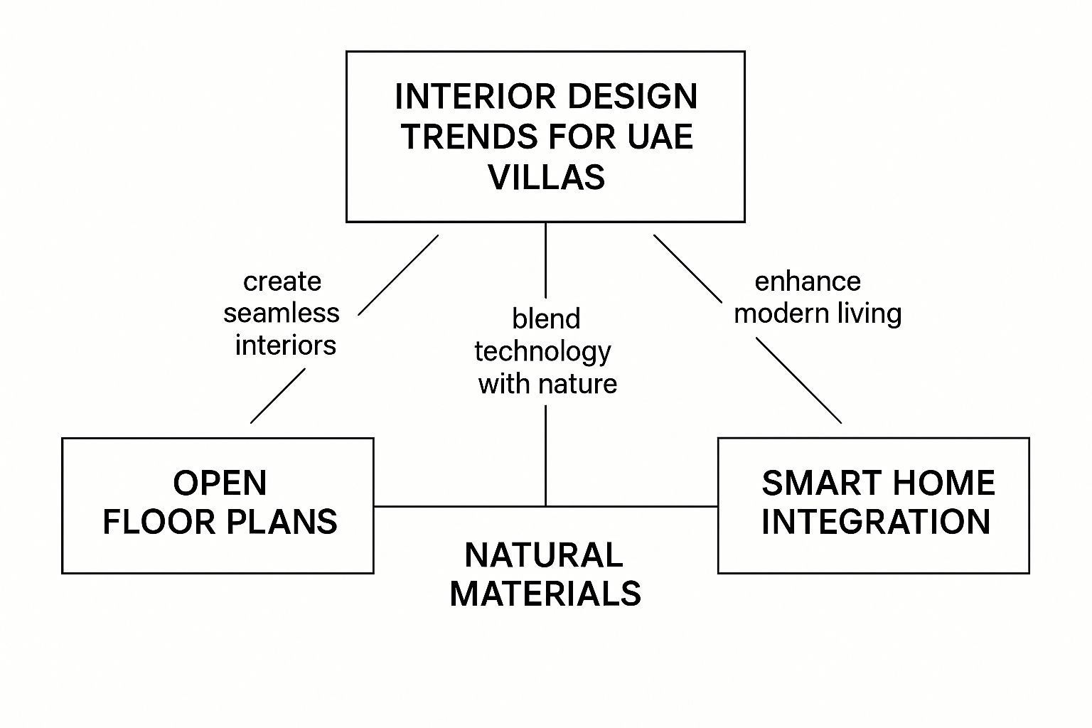 Diagram outlining interior design trends for UAE villas: Open floor plans, natural materials, smart home integration.