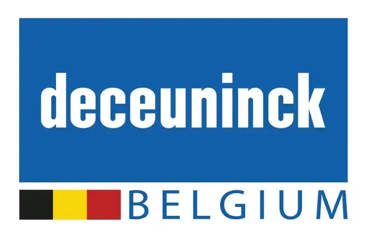 A blue and white logo for deceuninck belgium