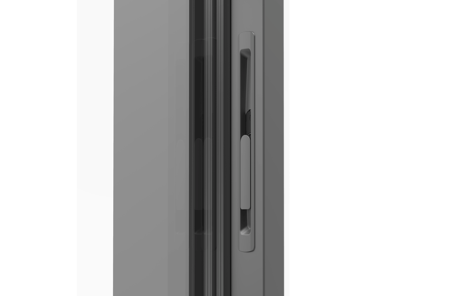 A close up of a sliding glass door with a handle on a white background.