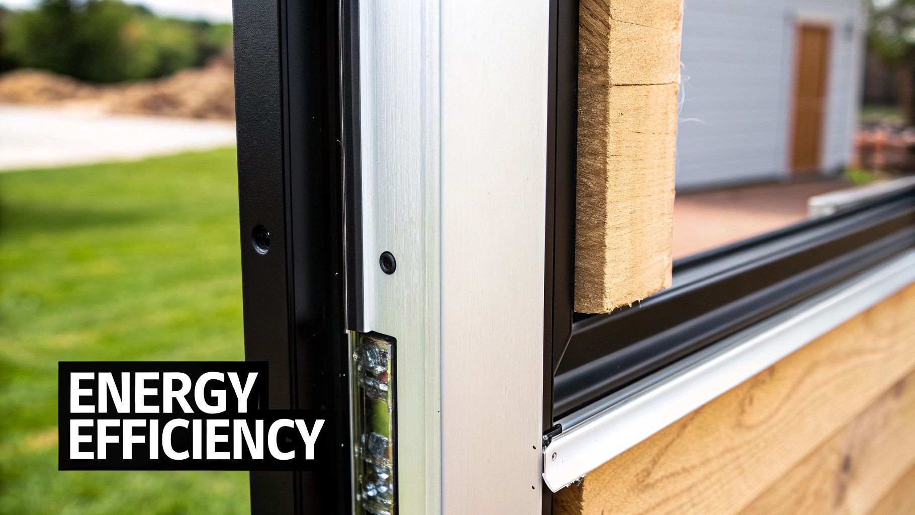 Close-up of a window frame with energy efficiency text. The frame is black and silver, with a wooden exterior and green grass background.