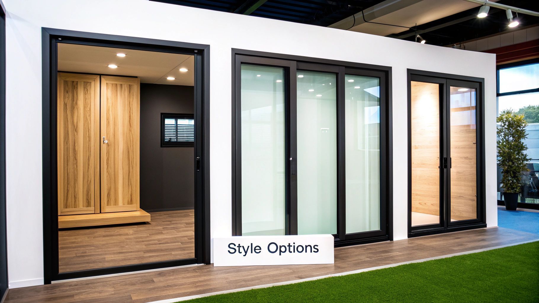 Display of doors showcasing style options. Black frames, glass, and wood. Inside view of a wardrobe and other scenes.