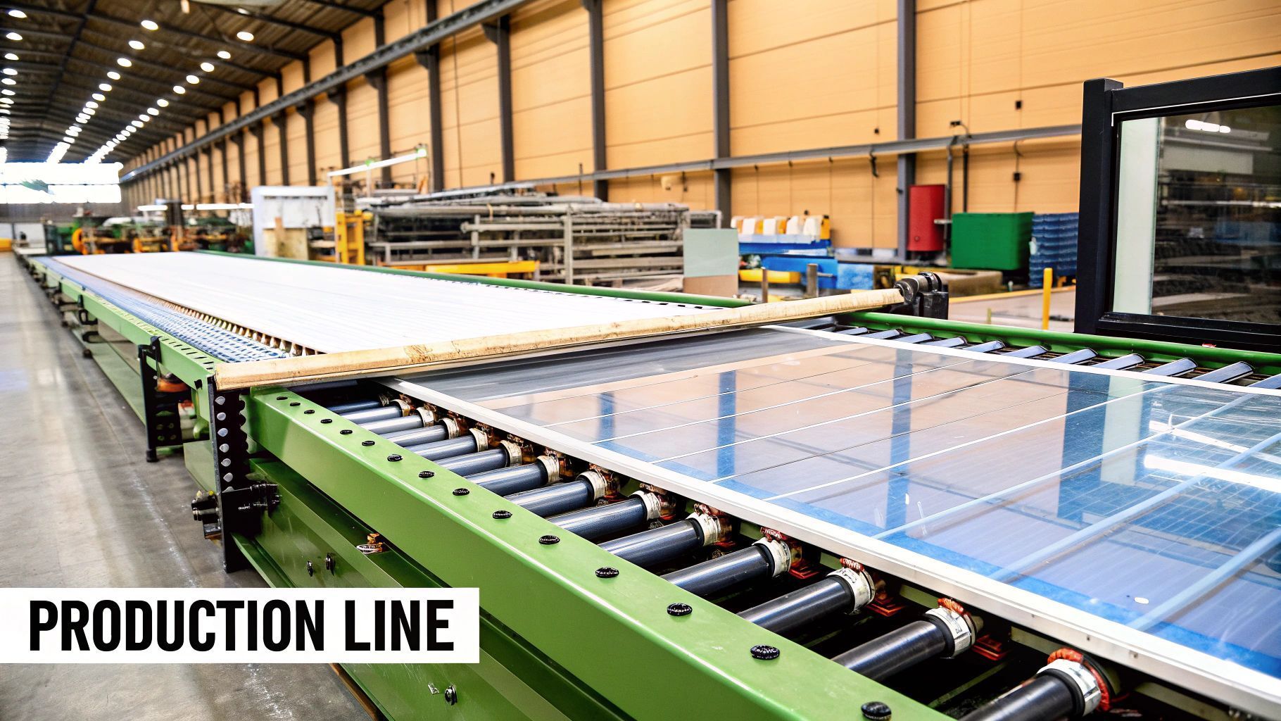Production line in a factory, likely assembling solar panels. Long, green conveyor belt with materials.