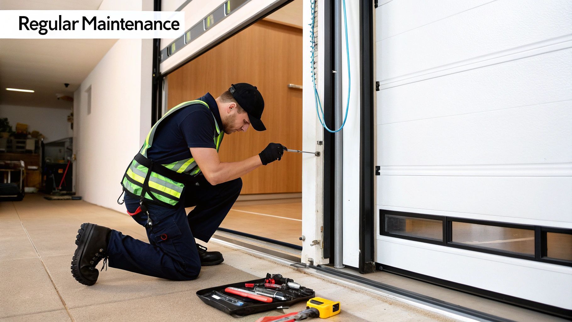 Man in safety vest repairs industrial door, kneeling next to open door, with tools.