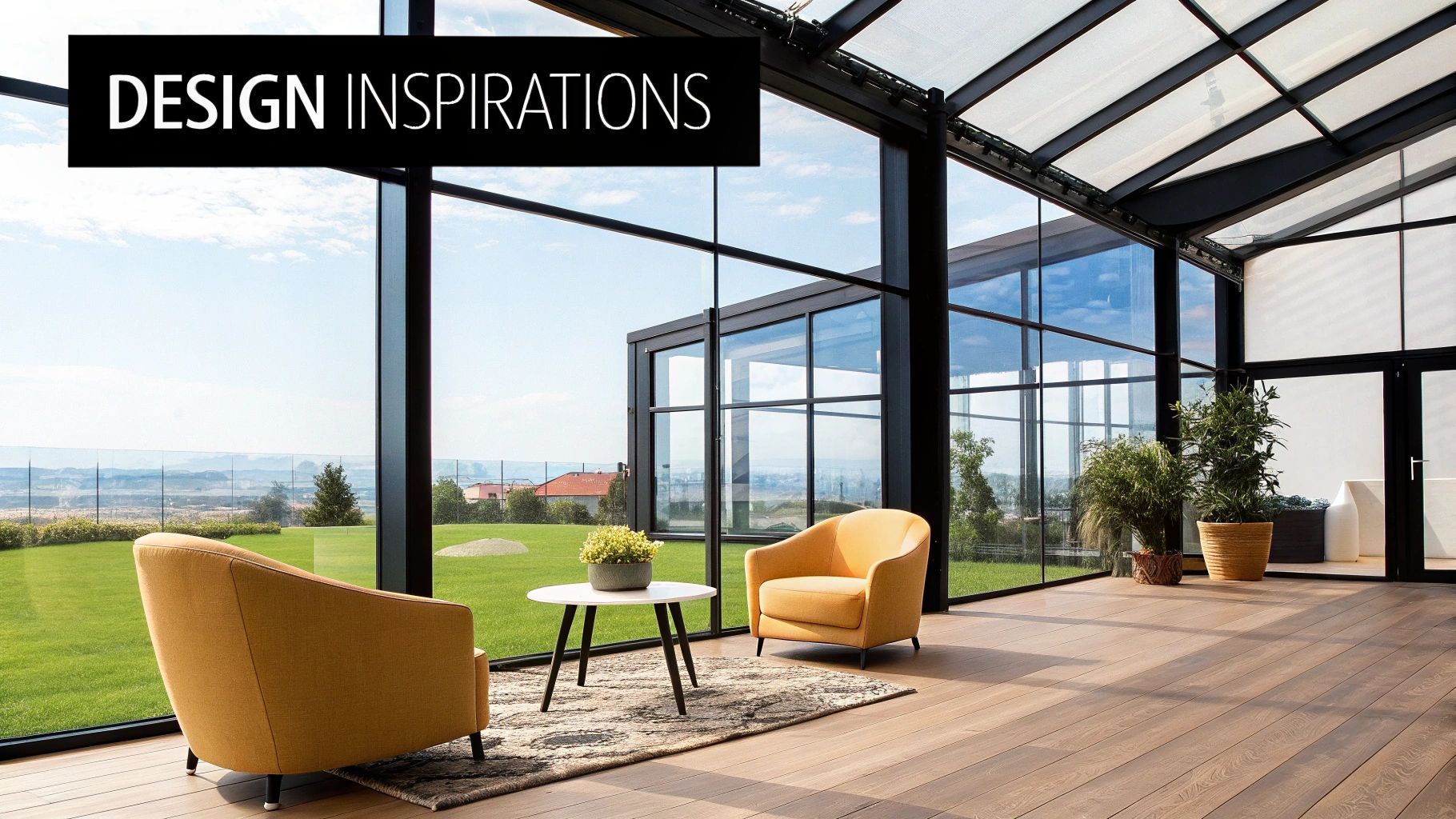 Interior with yellow chairs, small table, and large windows overlooking a green lawn.