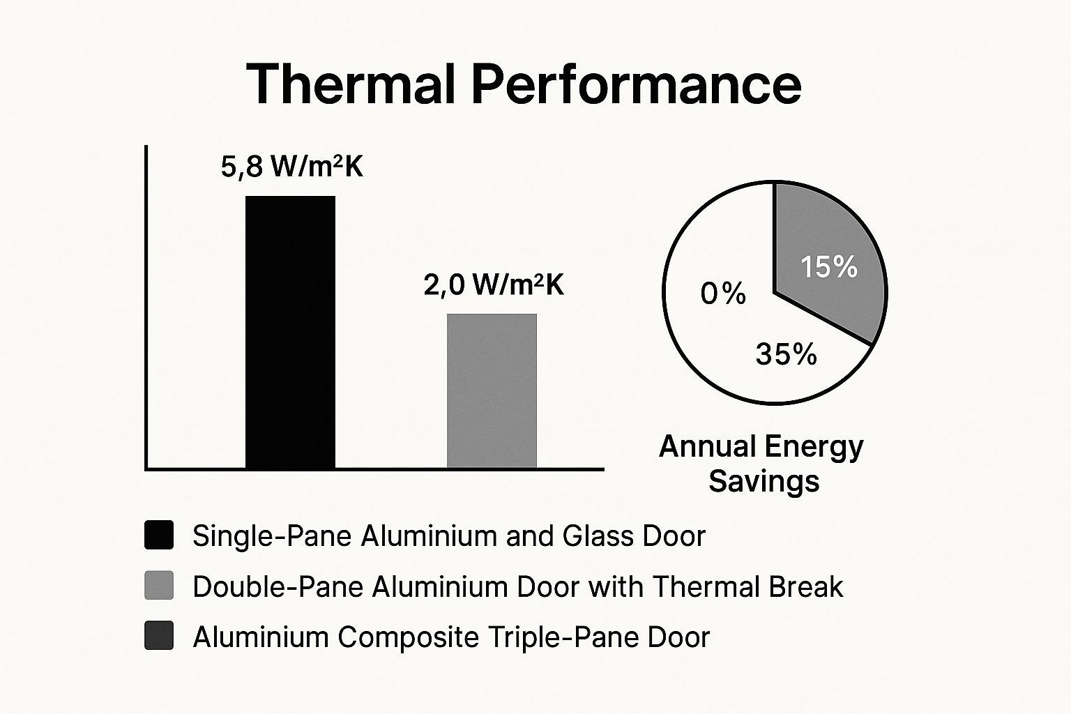 Bar and pie chart showing thermal performance comparisons for different doors, with annual energy savings data.