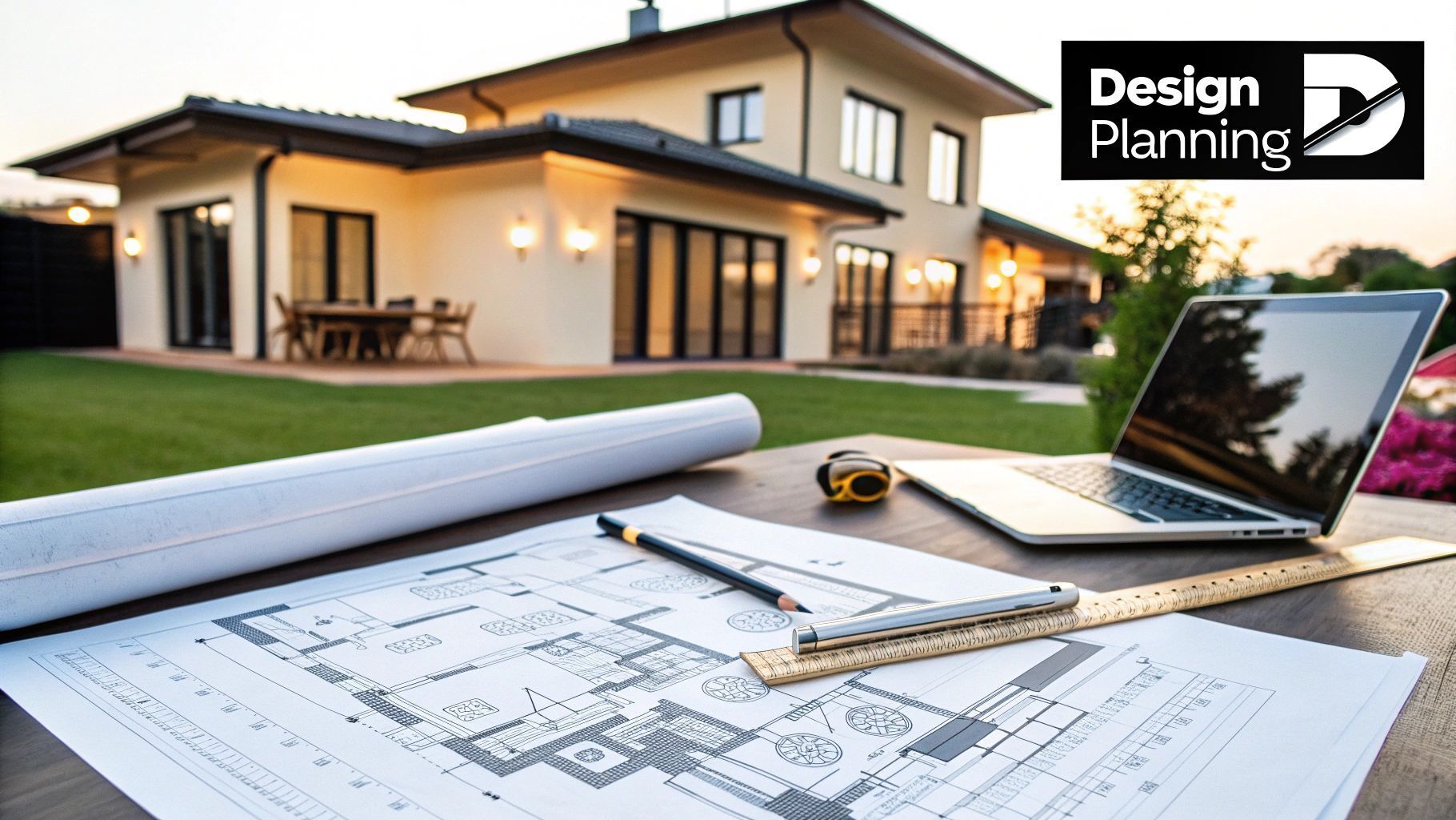 Architect's desk with blueprints and laptop, house in background, evening sunlight.