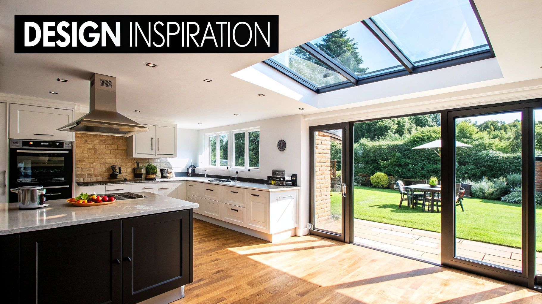 Modern kitchen with white cabinets, island, skylight, and open doors to a green backyard.