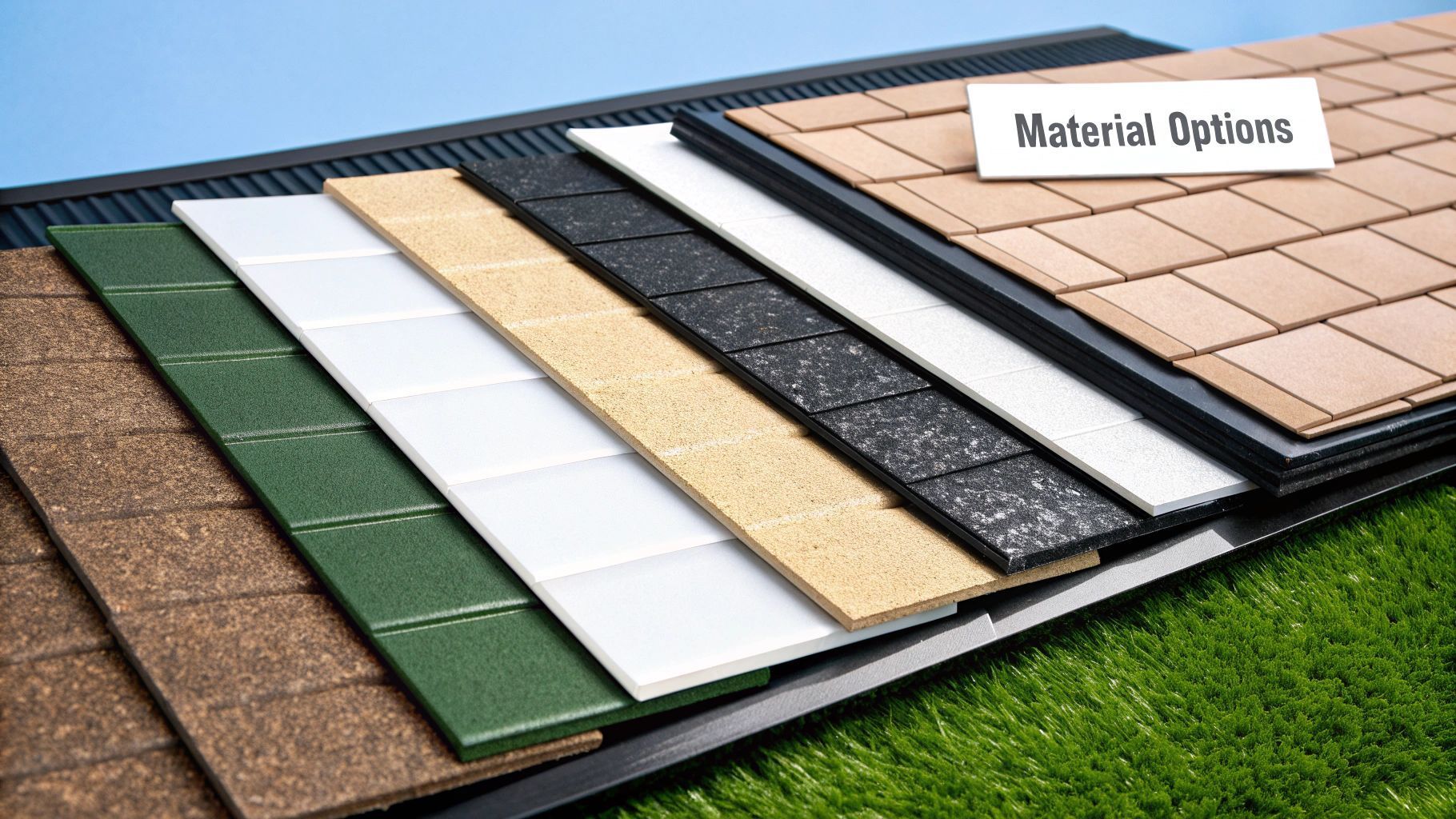 Samples of various roofing materials in different colors.