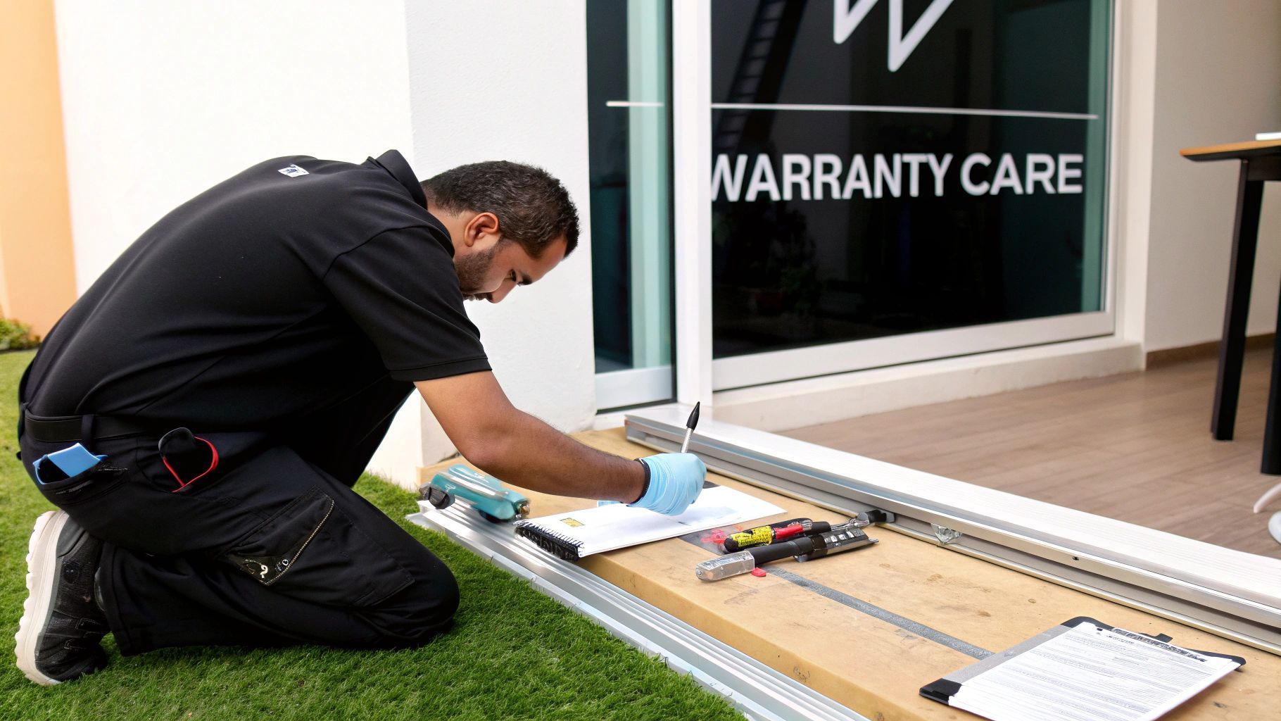 Man in black shirt kneeling, writing on clipboard near a sliding door labeled