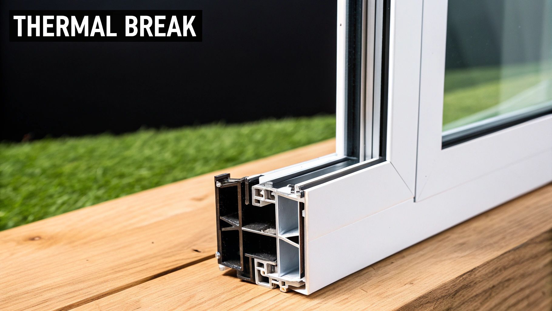 Sectional view of a white window frame with a