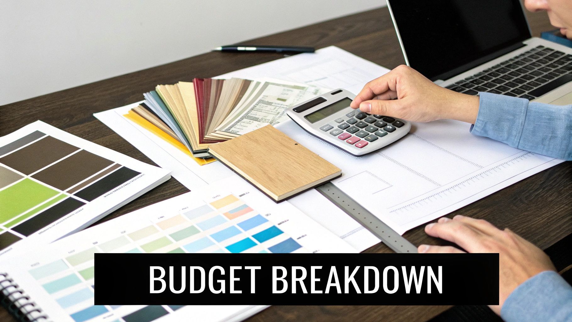 Person calculating costs with calculator, surrounded by color swatches, blueprints, and design samples;