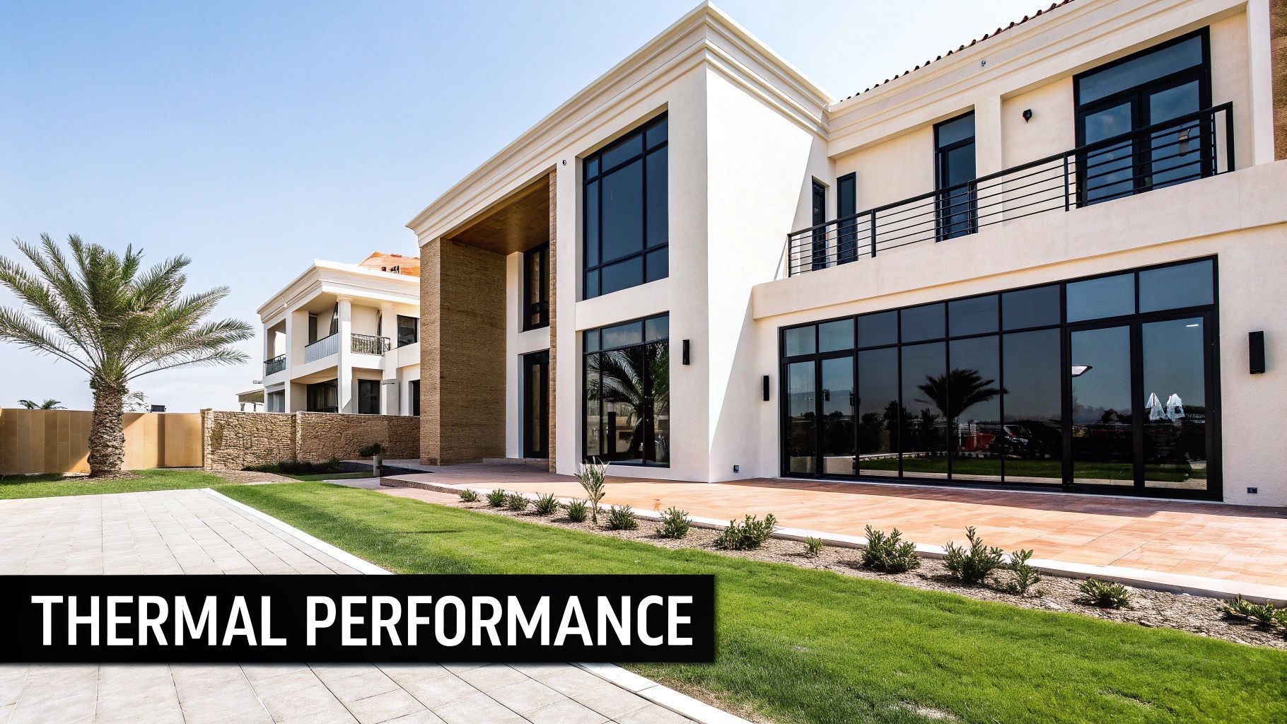 A modern white house with large windows, text reads