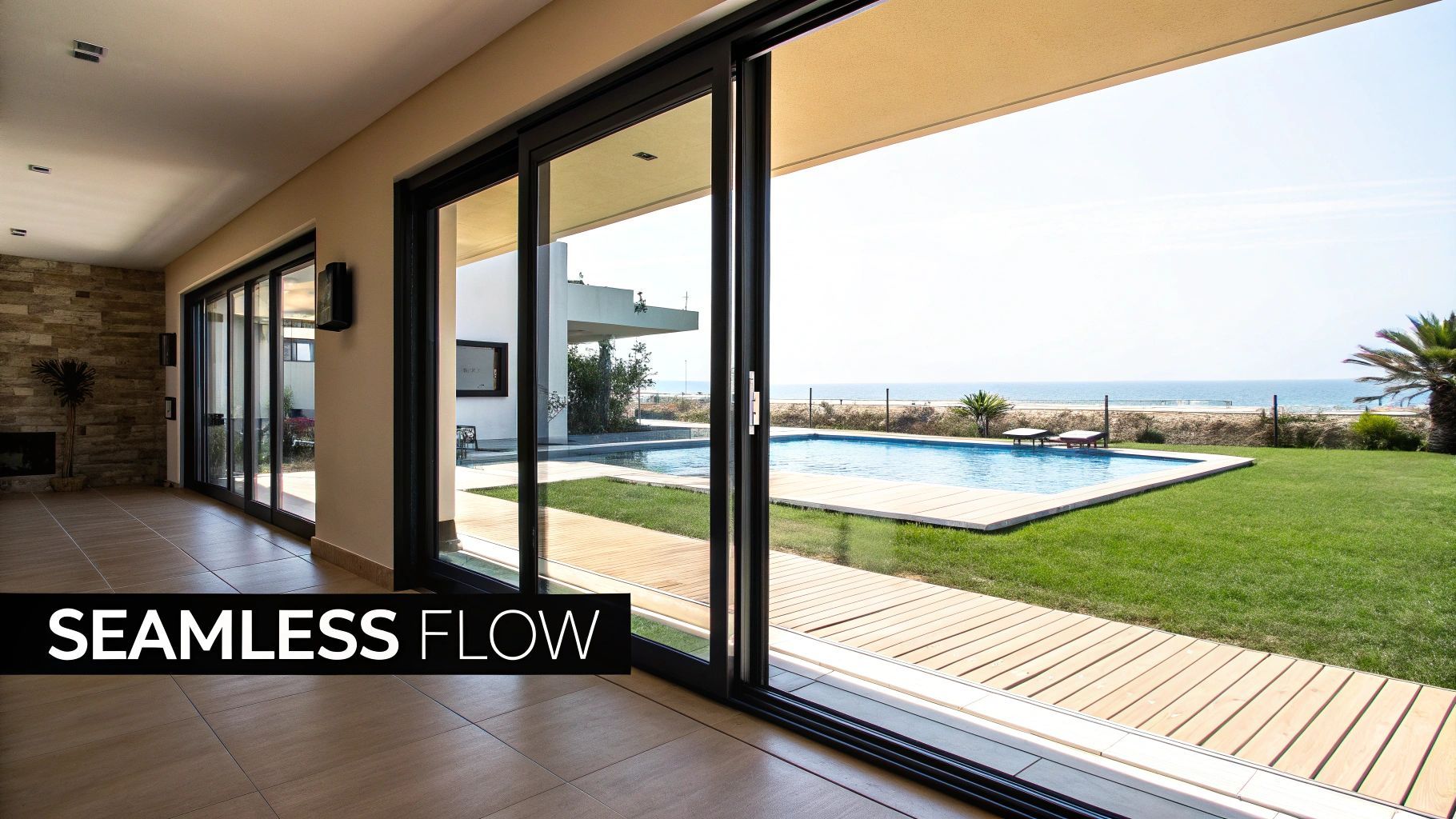 Interior with open sliding doors revealing a pool, ocean view, and green lawn. Black frames, tan walls, bright sky.