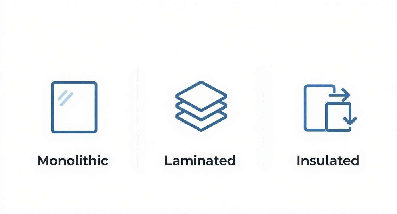Diagram showing three types of glass: monolithic, laminated (stacked layers), and insulated (two panes).