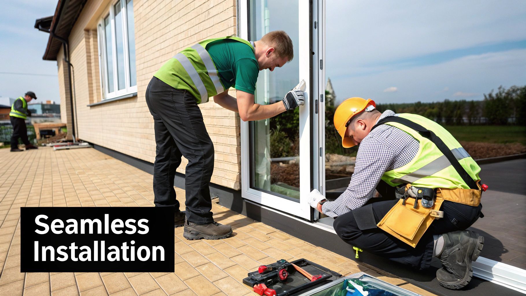 Construction workers installing a glass door. White frame, two are kneeling, one stands. Sunny outdoors.