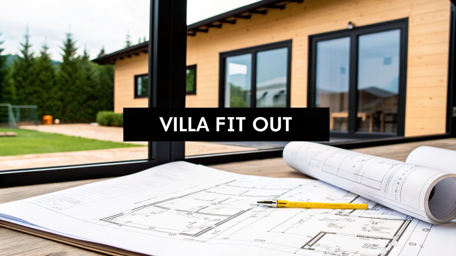 Blueprints and pen on a table with a villa in the background,
