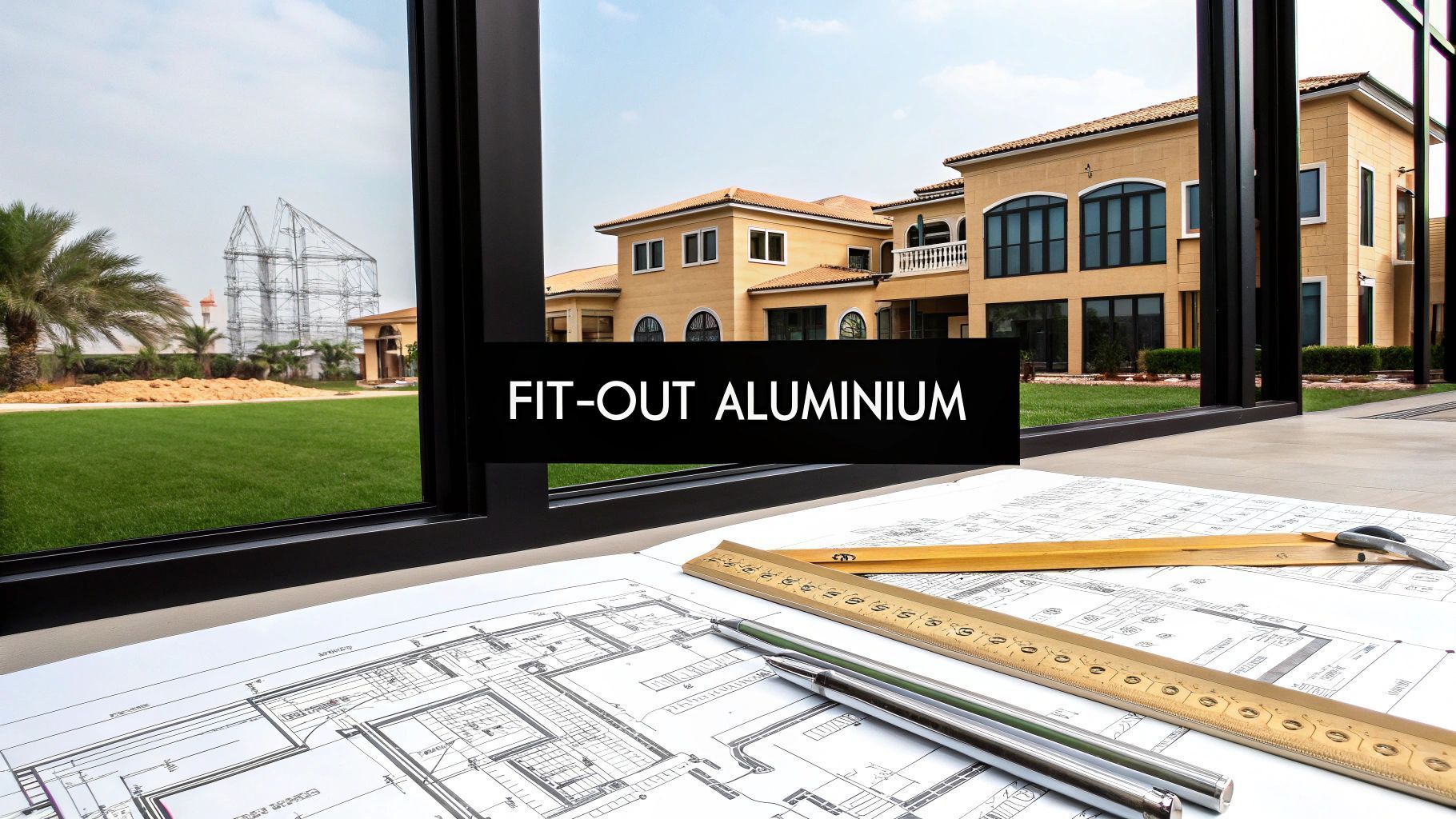 Architectural plans with rulers, pens, and fit-out aluminum framing against a luxury home.