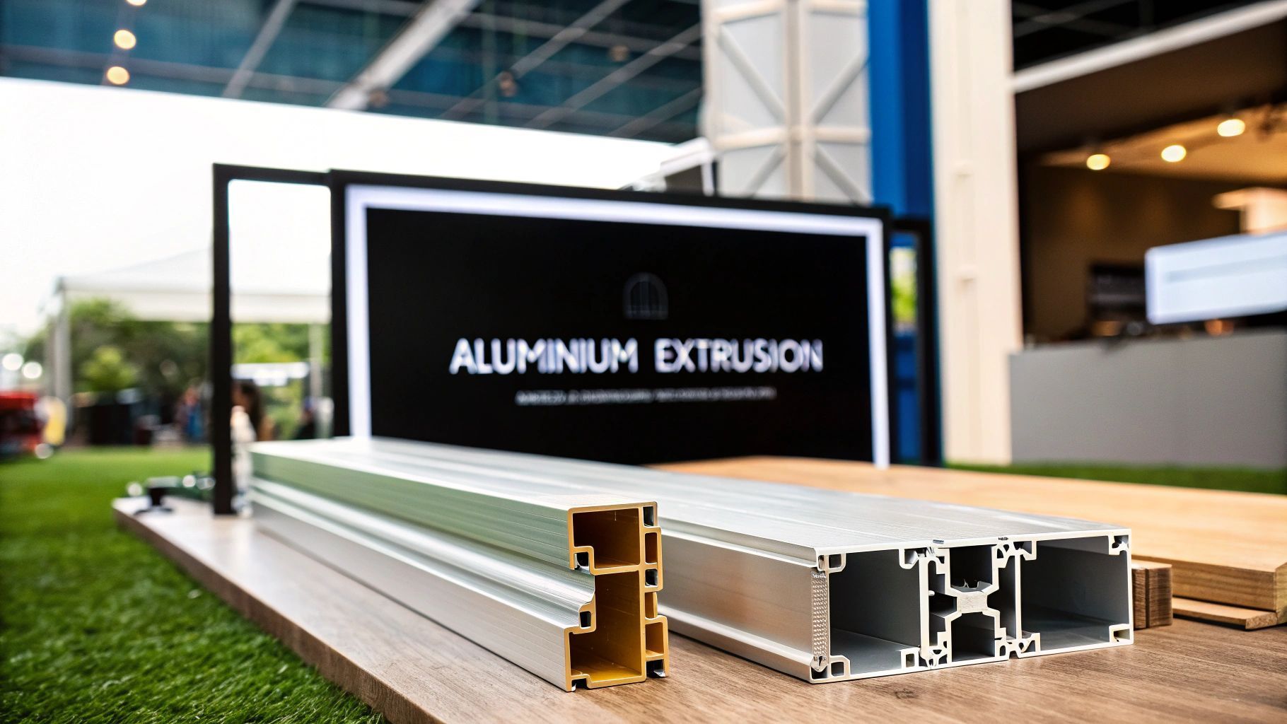 Aluminum extrusion samples on display at a trade show, with signage in the background.