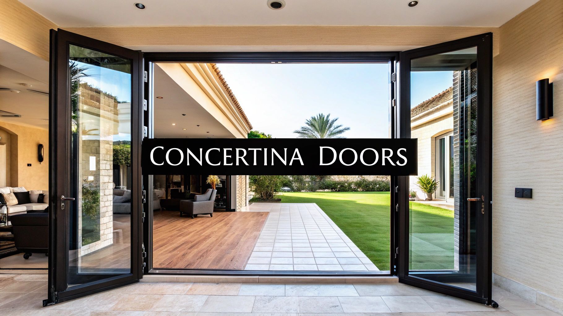 Concertina doors open to a backyard, revealing lawn, patio, and buildings.