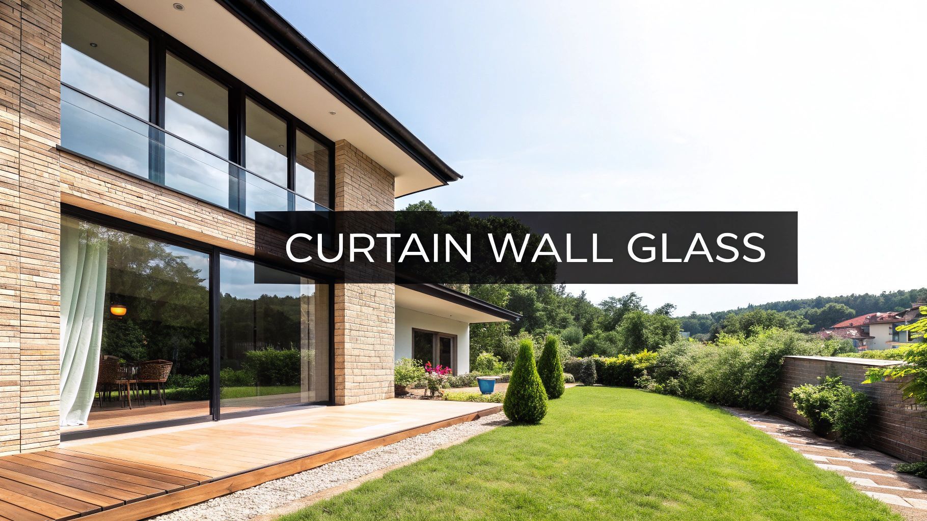 Modern house with large glass curtain walls, surrounded by a green lawn and trees.