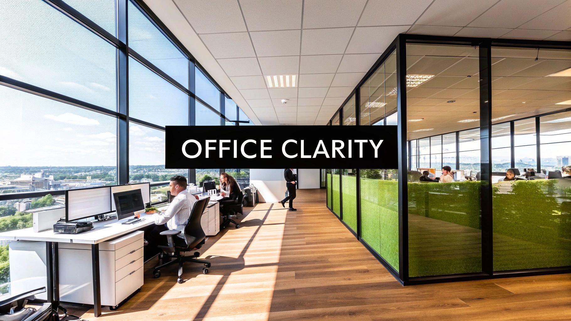 Modern office interior with people working at computers, large windows, and green accent wall.