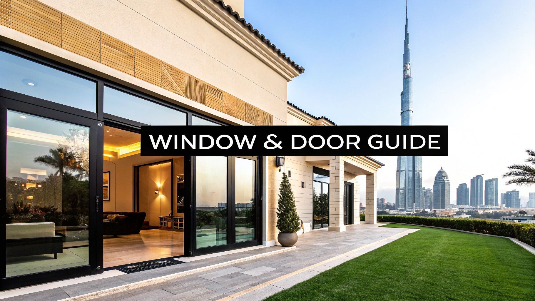 Exterior of luxury home with large windows overlooking Dubai skyline. Text overlay: Window & Door Guide.