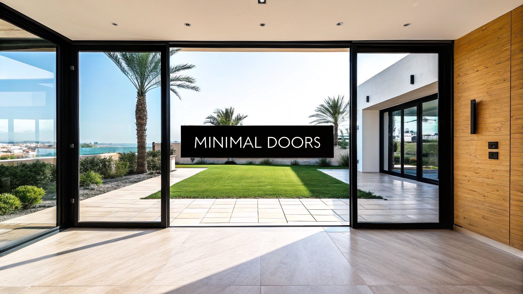 Minimalist sliding glass doors open to a patio, lawn, and ocean view.
