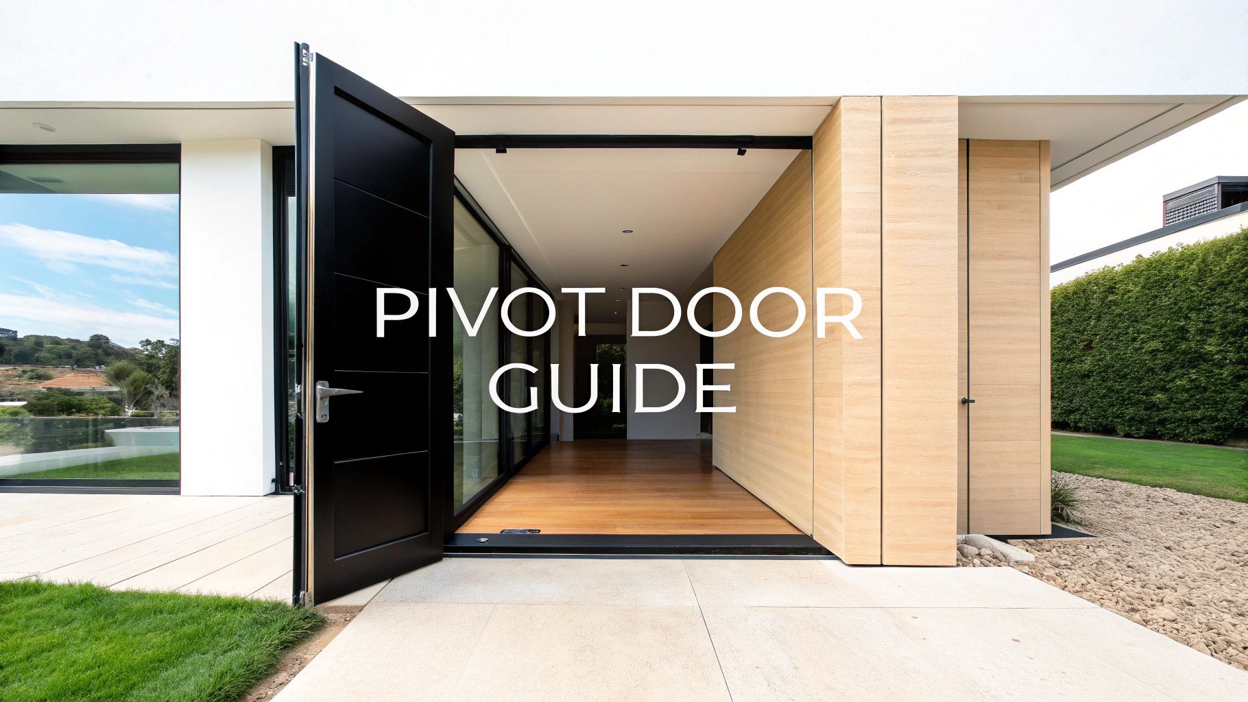 Black pivot door open, showcasing an entryway with wooden floors, text 