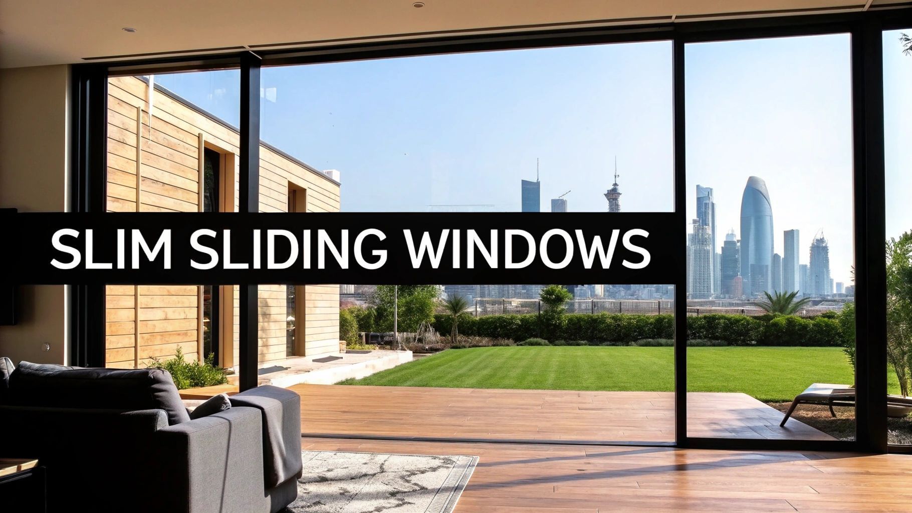 Slim sliding windows overlooking a lawn and city skyline.