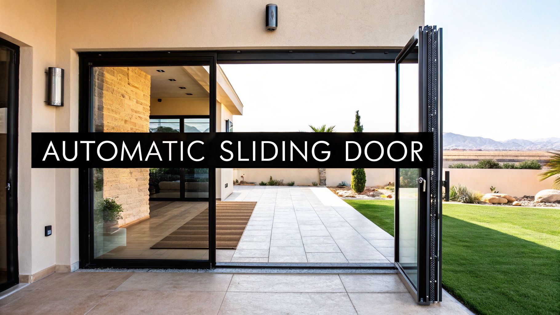 Automatic sliding glass door opening to a patio with a green lawn and mountains in the background.