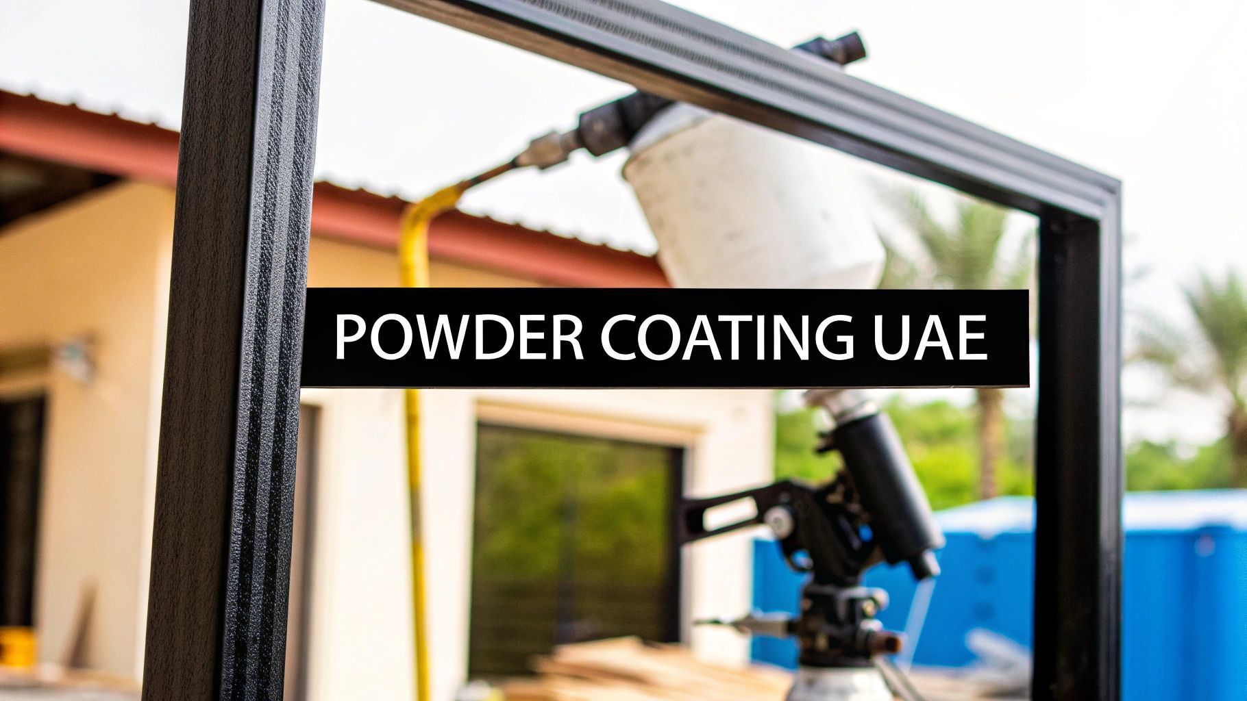 Black frame being powder coated in the UAE, with a spray gun and building in the background.