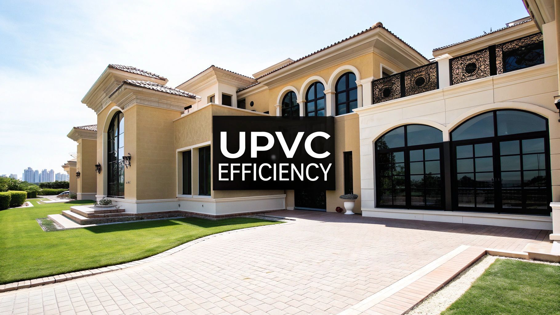 Large beige house with UPVC efficiency text on the front. Features include dark window frames, arched windows, and a paved driveway.