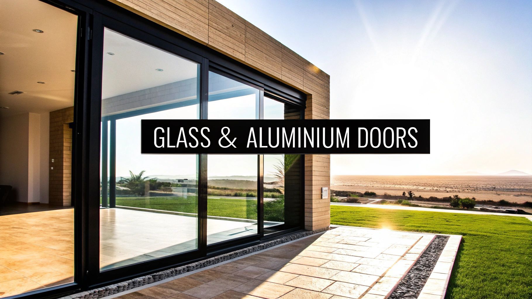 Glass and aluminum sliding doors open to a sunny outdoor view.