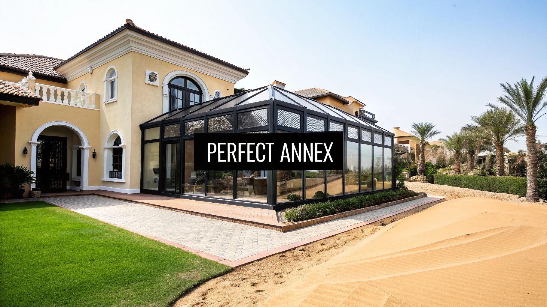 Luxurious beige villa with a glass annex, in a sunny setting with palm trees.