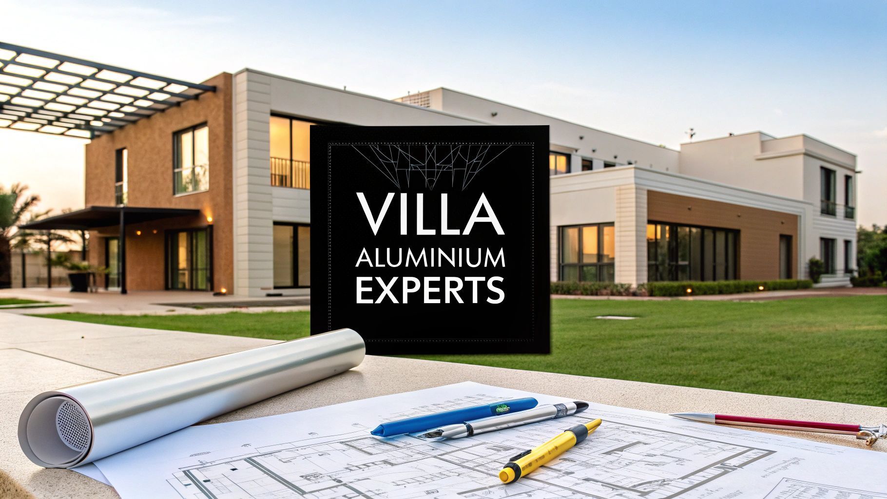 Villa with aluminum windows, architectural plans, and logo.
