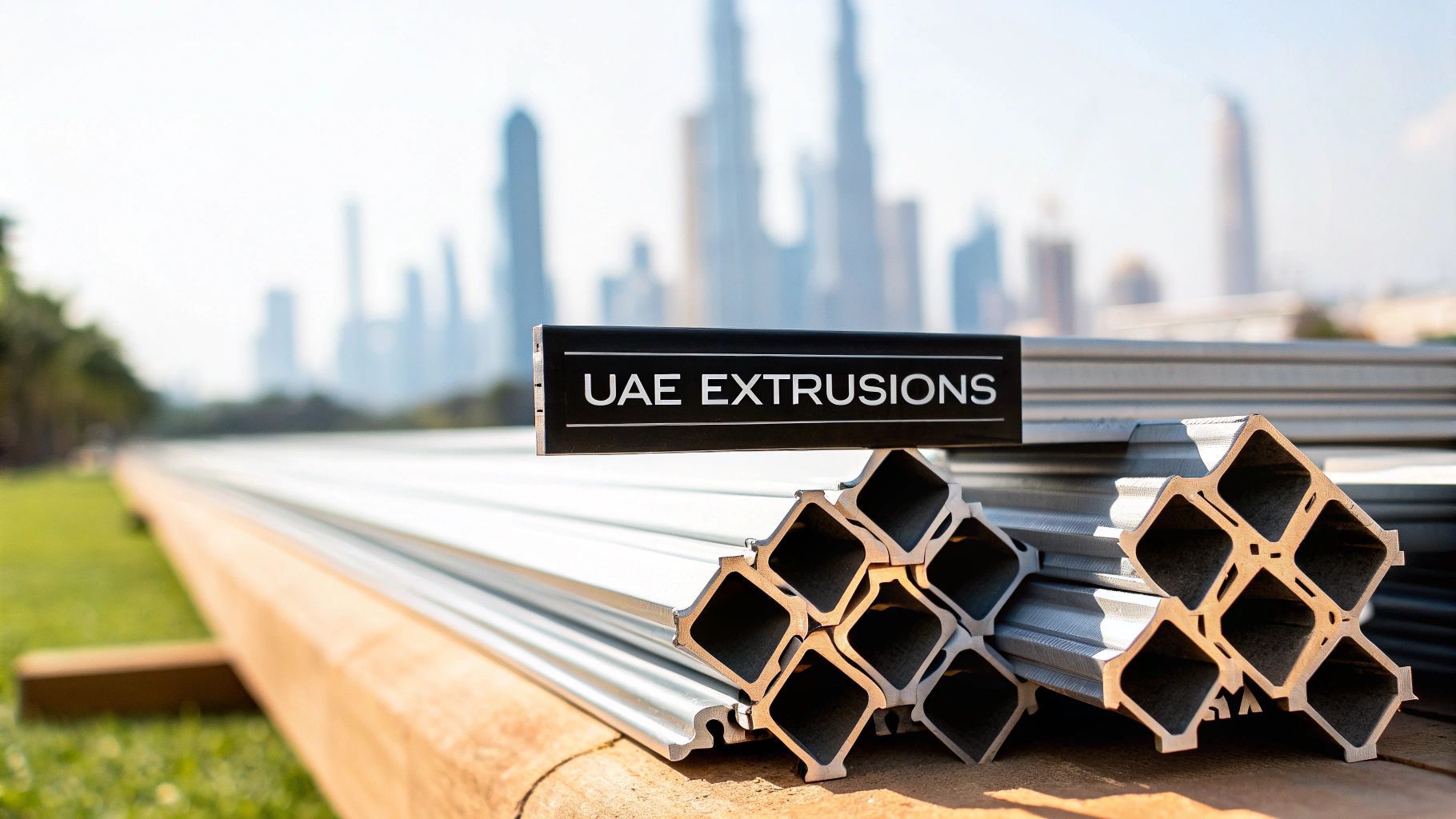 UAE Extrusions. A stack of aluminum extrusions in front of a city skyline.
