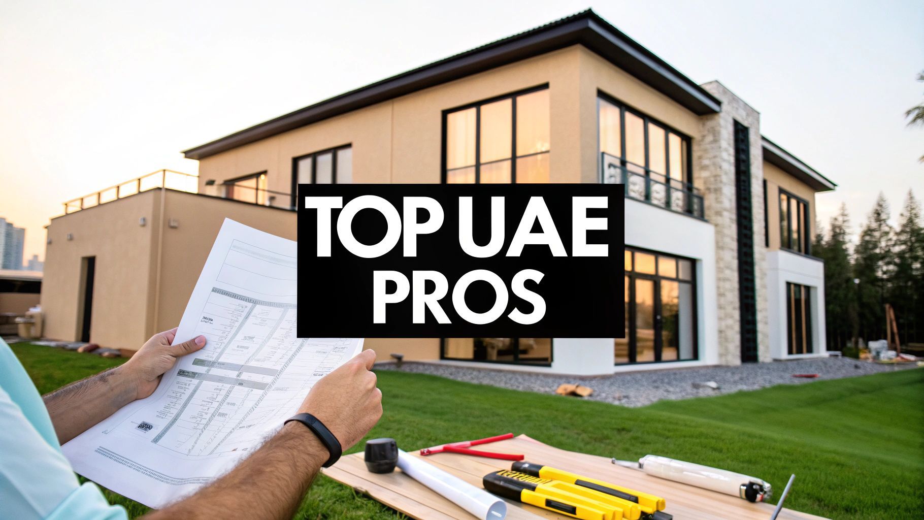 A person reviewing blueprints in front of a modern home with text: 