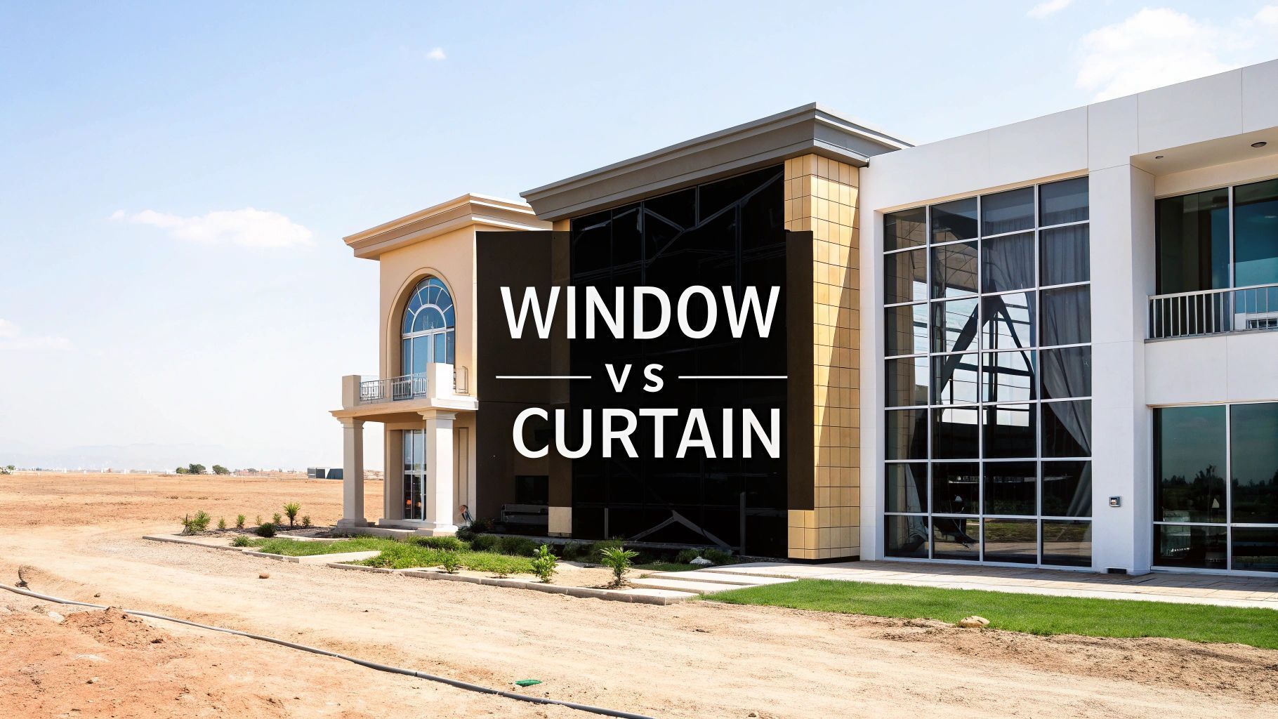 Exterior shot of a building comparing window to curtain usage. The building is in a desert landscape.