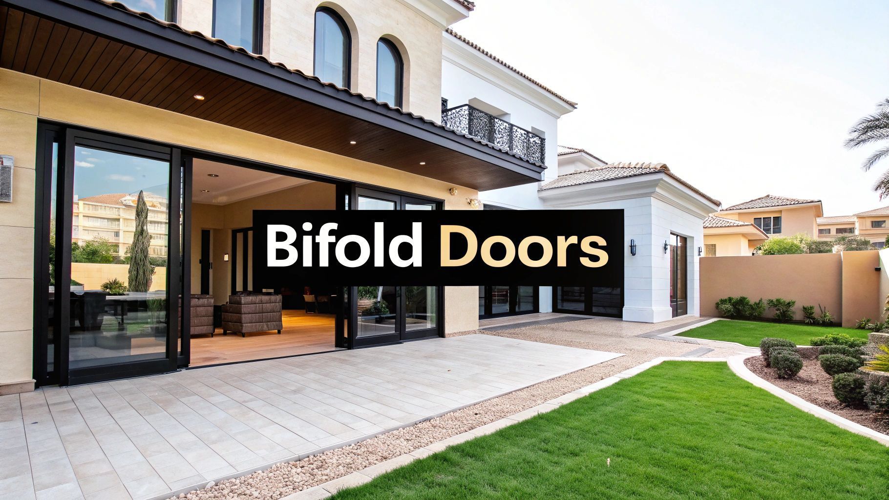 Bifold doors open onto a patio and grassy lawn of a luxury home.