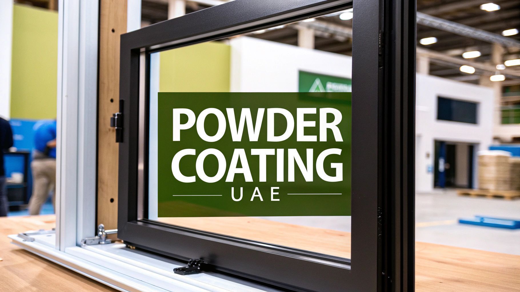 Powder-coated black window frame on display. 