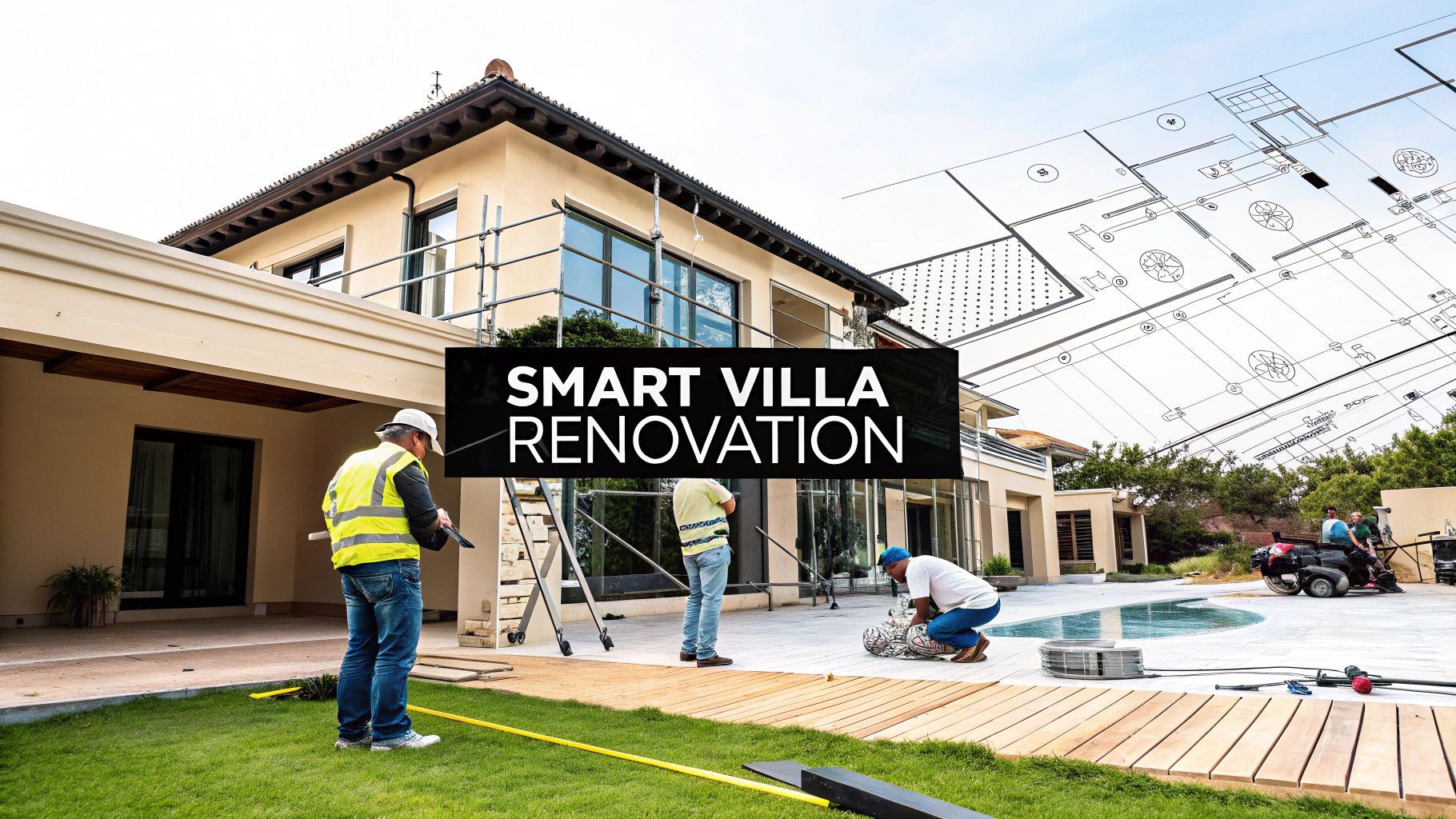 Smart villa renovation in progress: construction workers, villa, pool, blueprints, tools.
