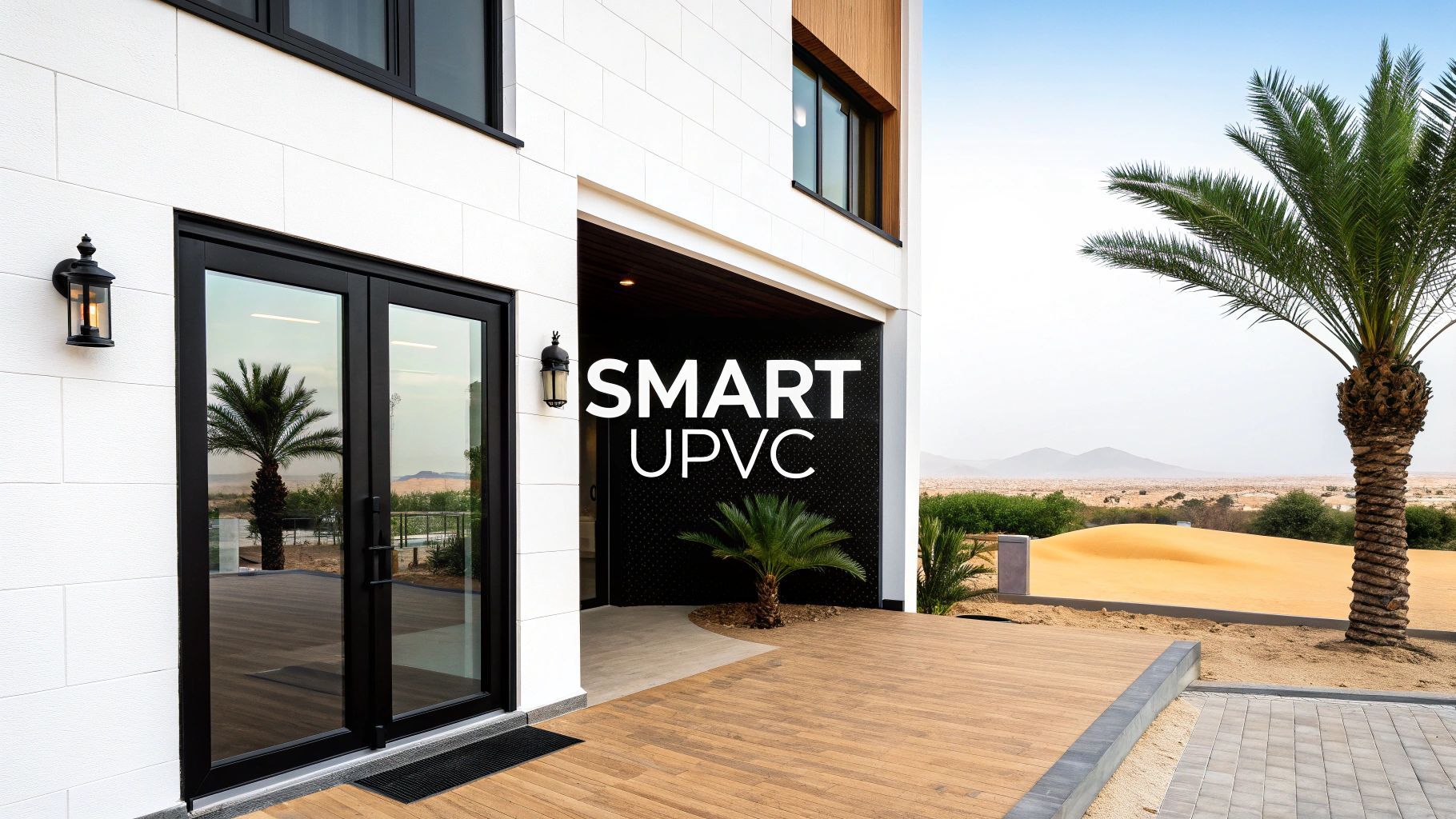 Modern building with black doors and 