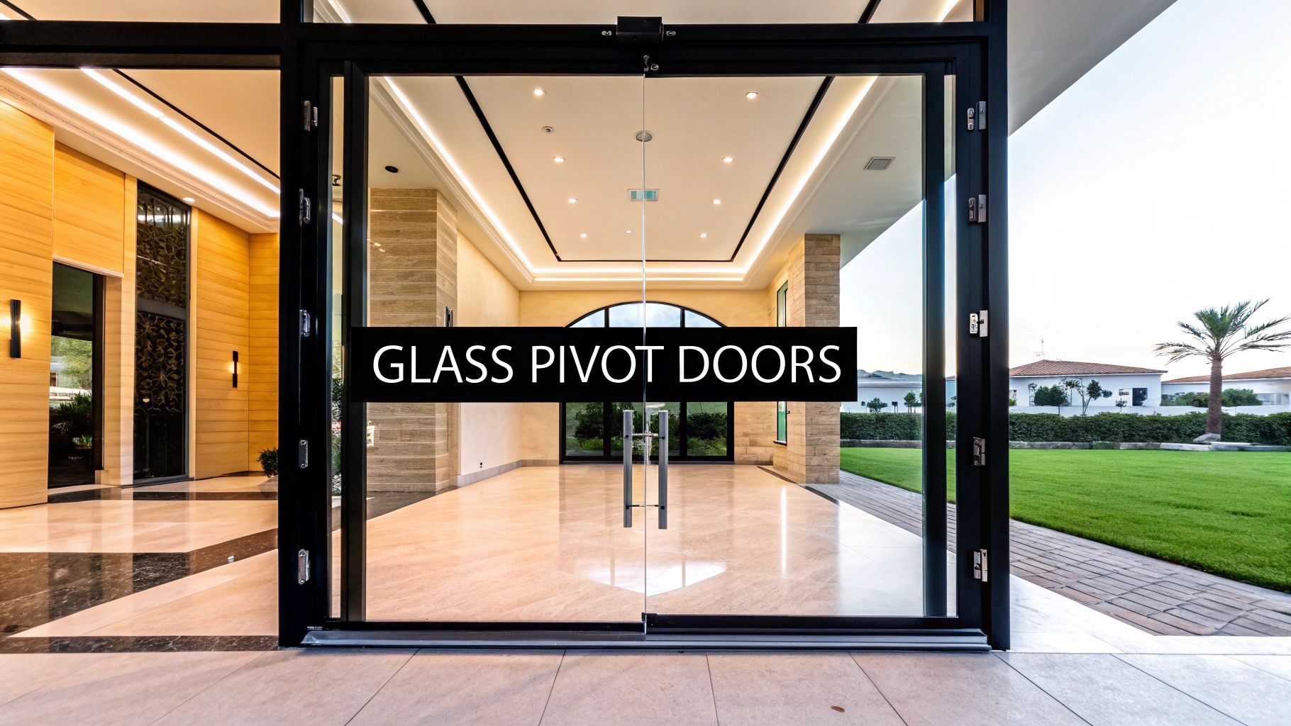 Glass pivot doors at entrance. Black frames, marble floor, bright interior, outdoor lawn.