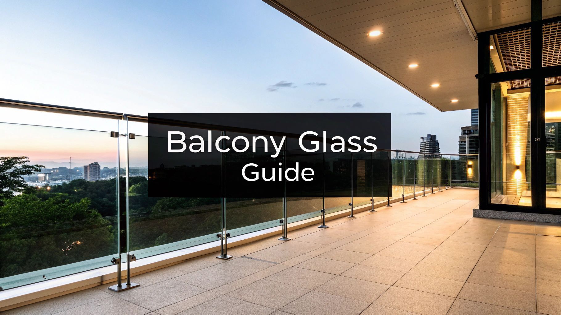 Balcony with glass railing overlooking a city at sunset. Text: 