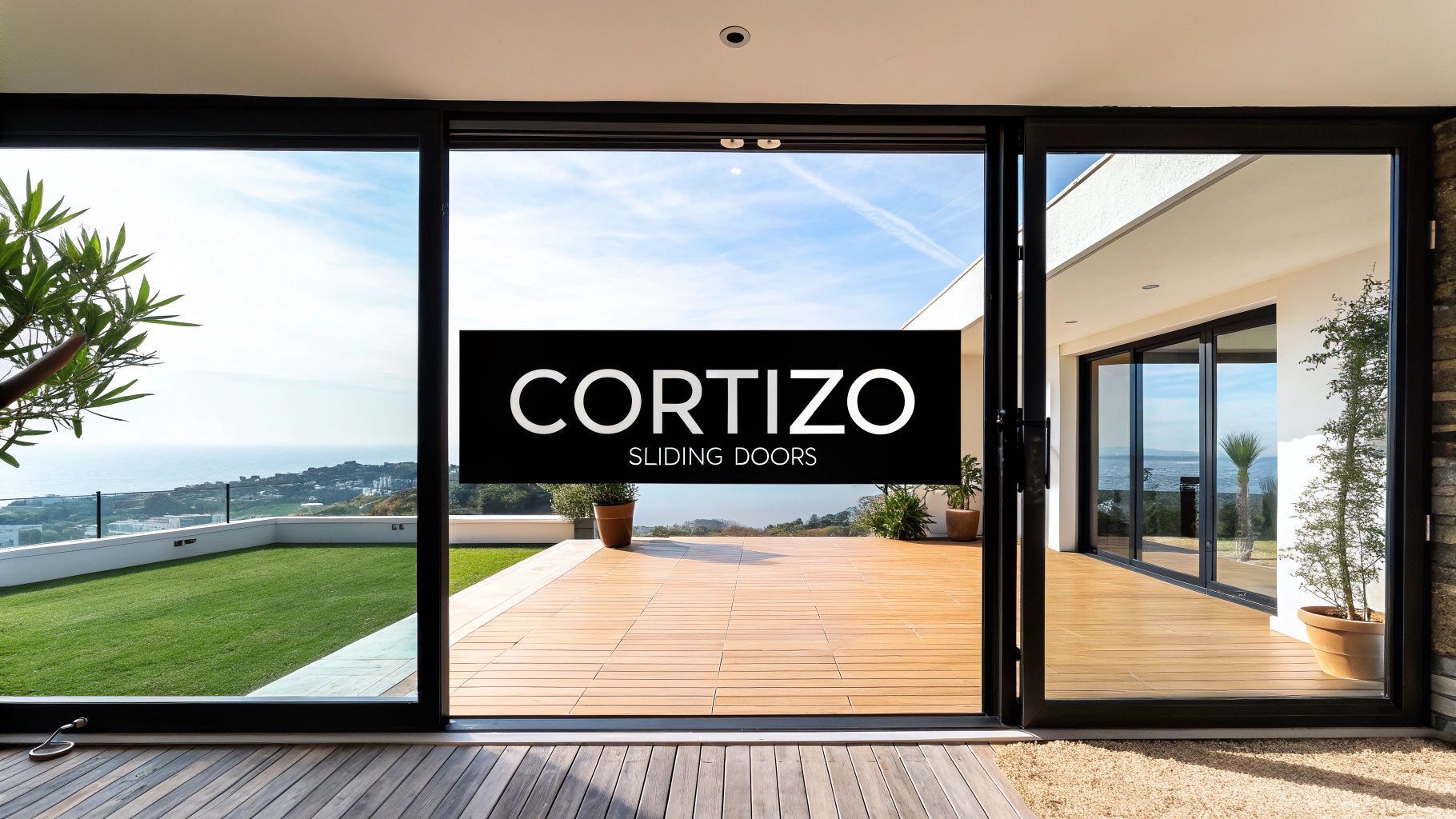 Sliding glass doors open onto a patio with a view of the ocean, the logo 