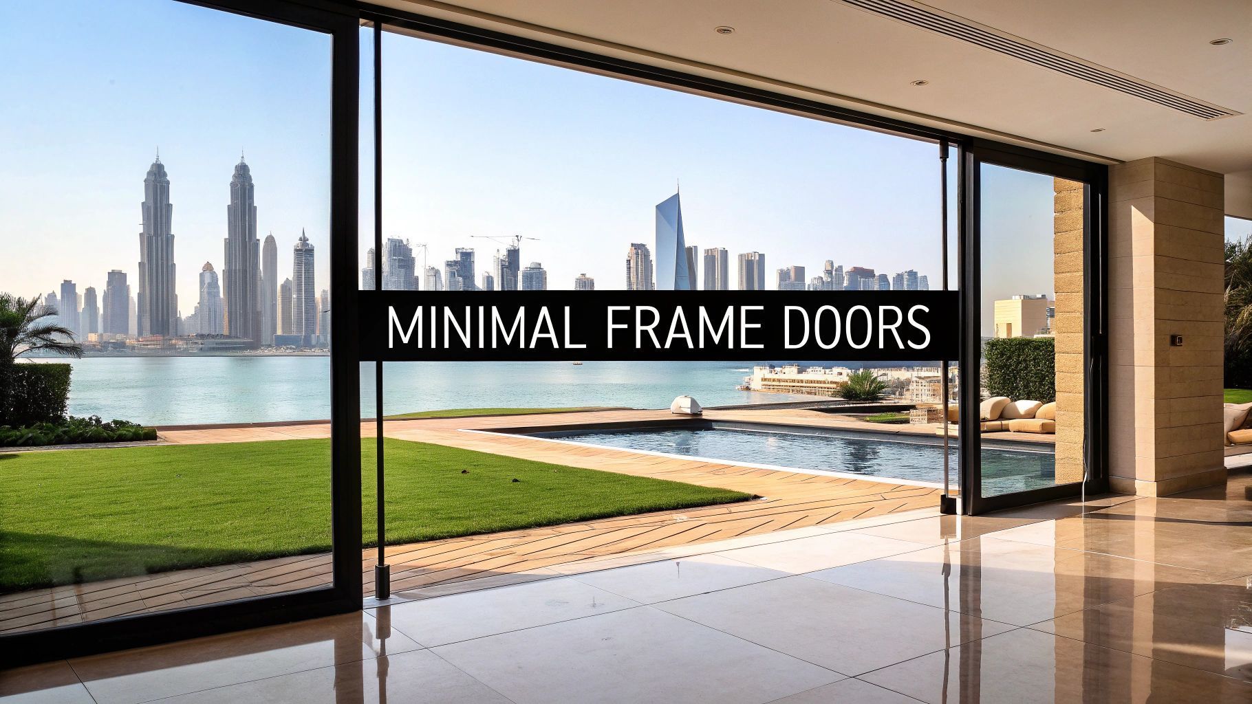 Minimal frame doors overlooking a cityscape, pool, and green lawn.
