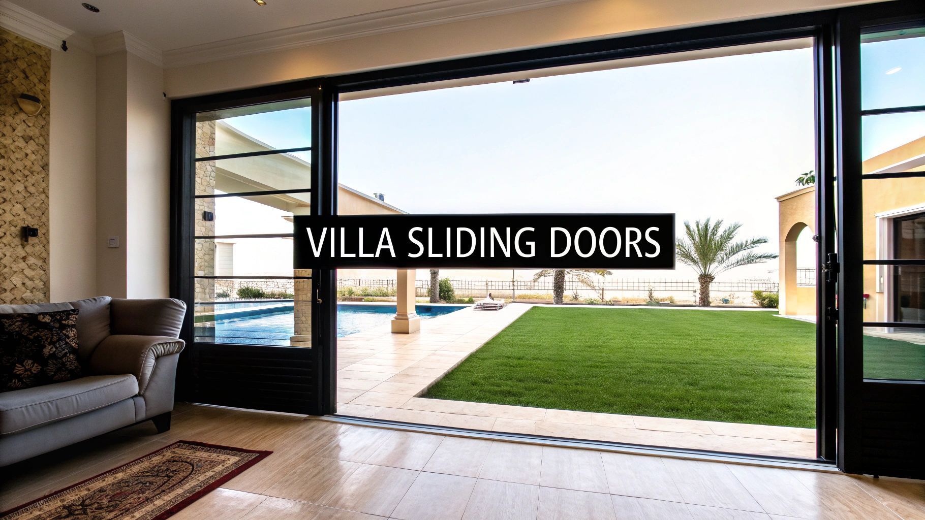Open villa sliding doors frame a pool and lawn view.